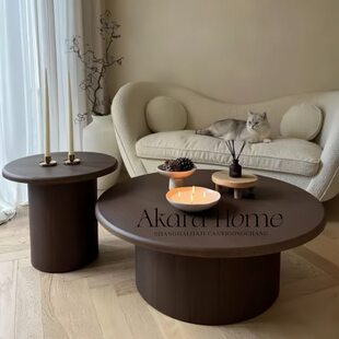 中古风实木茶几家用客厅咖啡桌简约复古茶台矮桌子奶油风圆形桌子