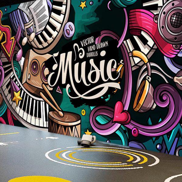 涂鸦音乐背景墙装饰壁画3d立体音乐舞蹈室健身房墙纸潮流酒吧壁纸