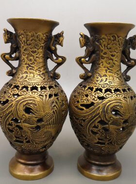 古玩店纯铜插花富贵孔雀花瓶摆件家居装饰工艺品摆件