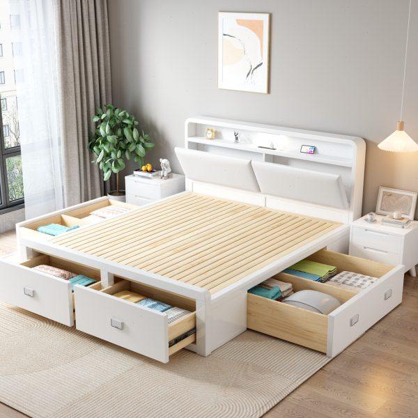 北欧全实木床1.8米单双人白色1.35米气压高箱1.2米抽屉2×2.2米储,住宅家具,实木床,淘宝优惠券,粉丝福利购,淘宝优惠卷
