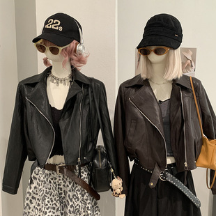实拍 极简风翻领皮衣外套短款机车服夹克长袖百搭上衣女休闲百搭