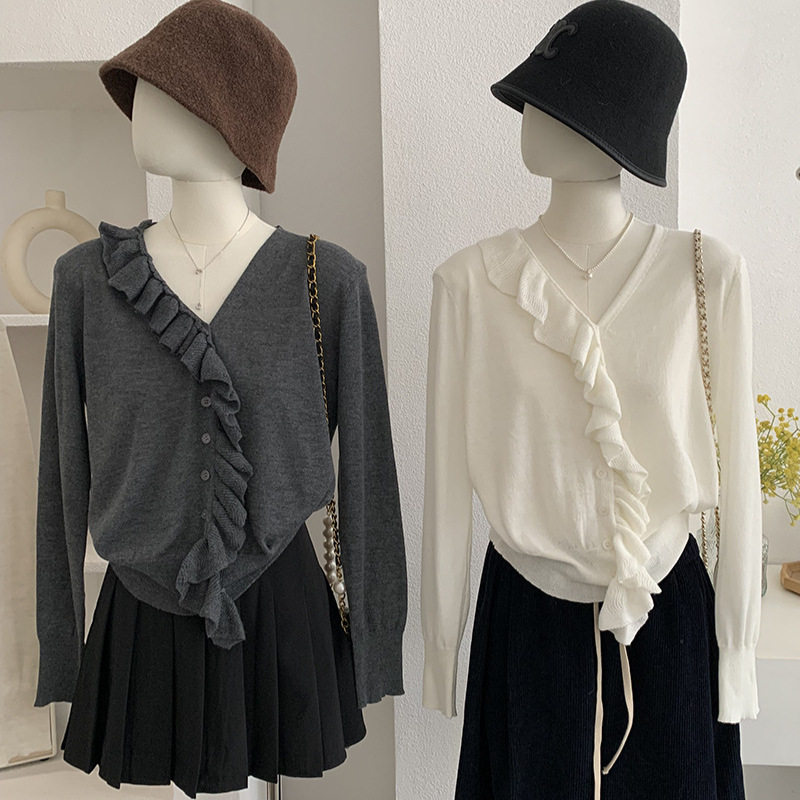 V领木耳边长袖针织衫女春季新款纯色纽扣开衫毛衣批发