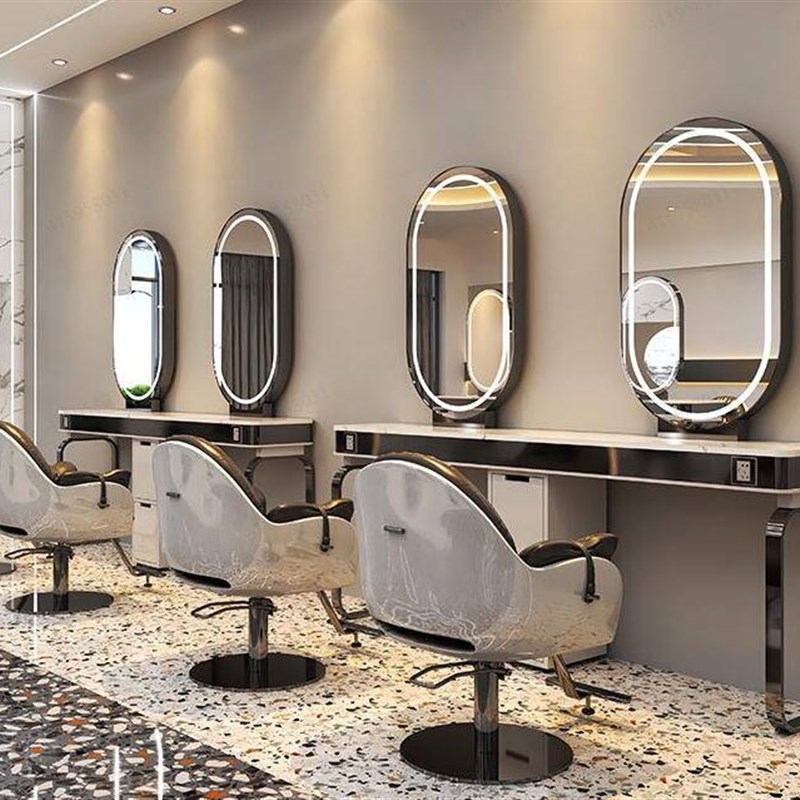 理髲店镜子镜台挂墙美发店实木柜子带灯一体单面发廊潮款网红