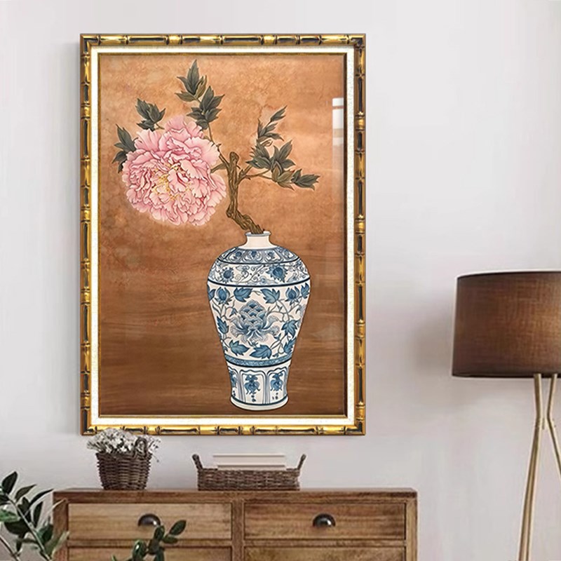 法式中国风客厅装饰画中式宋代美学青花瓷装饰画挂画牡丹花玄关壁图片