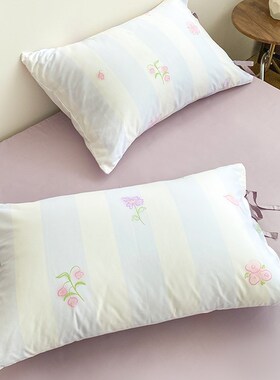 温柔发生时 法式淡紫色条纹枕套ins风60s长绒棉枕芯罩女生款单祇