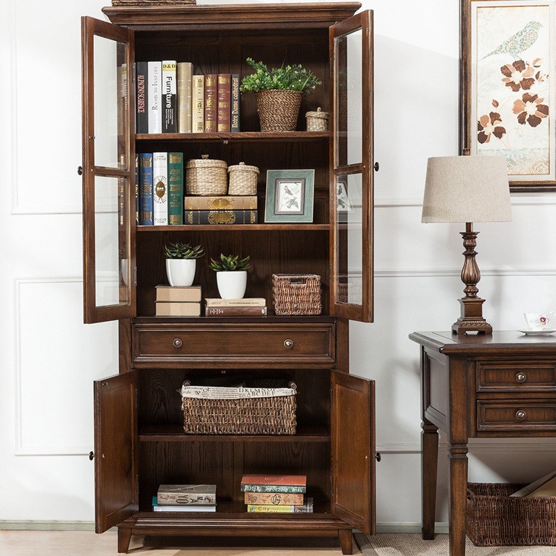 美式乡村白蜡木全实木书柜 立柜 两门书柜 简约边柜收纳储物柜子