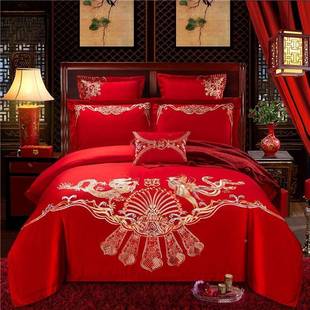 大中式 006品全 刺绣结婚四件棉套纯棉床单被通套婚庆红床上用BZY