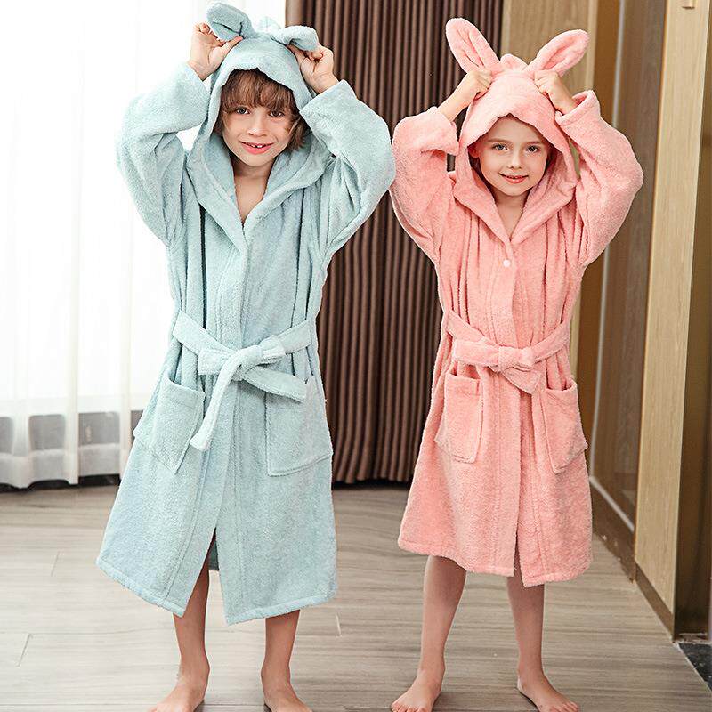 跨境大纯棉-浴袍儿童秋冬厚款毛巾料男女水童带帽吸浴衣A类睡袍