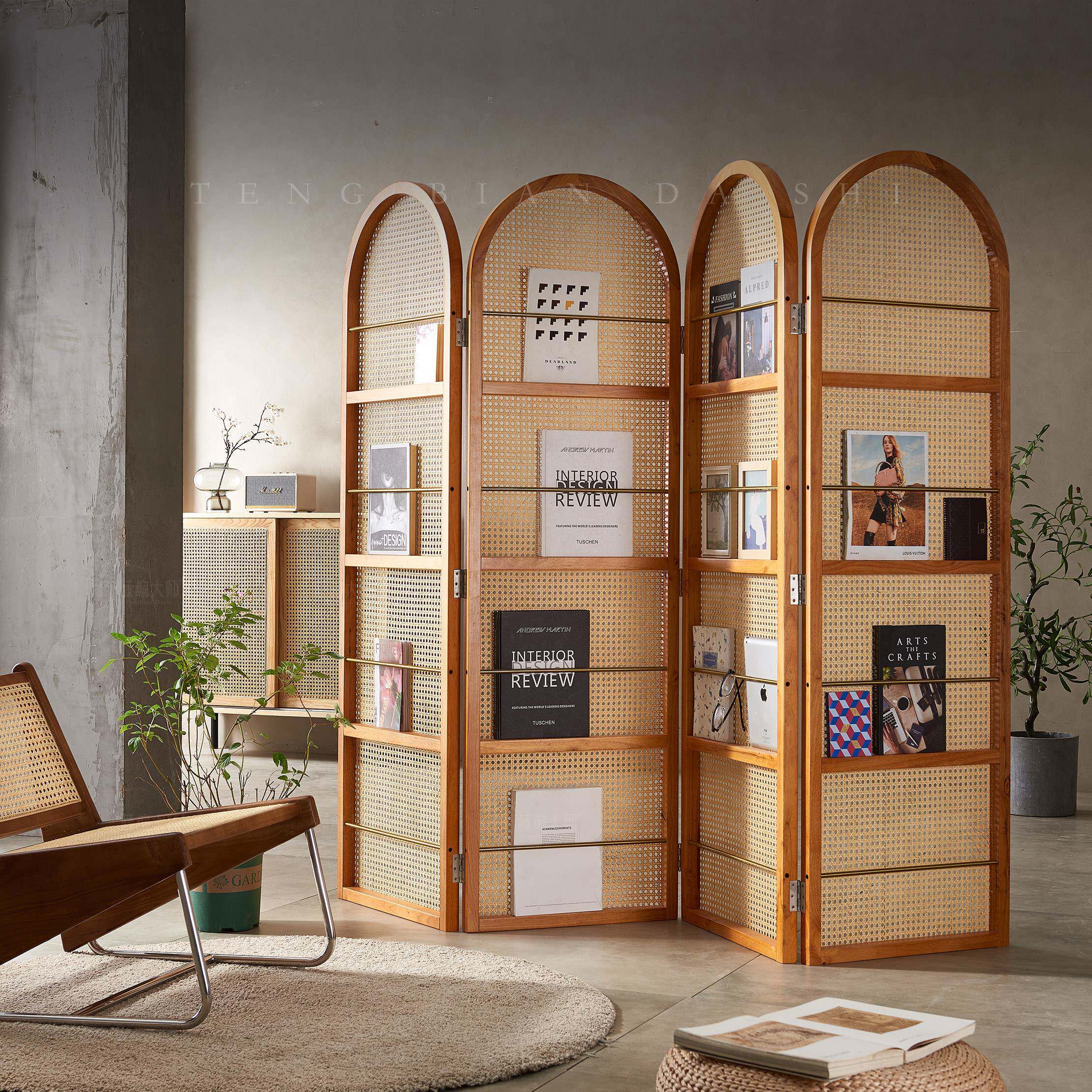 4实木客藤编屏风隔断墙复古文艺志书架遮挡小杂户型厅入户TPF009