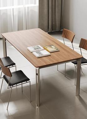 现代意式极简锈钢实木桌桌现代简约设计师款餐书桌饭两MNC用案不