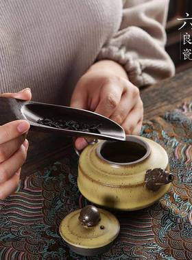 古花功夫配件茶窗道六君子茶夹匙茶托茶檀木古铜实茶TM-58301木茶