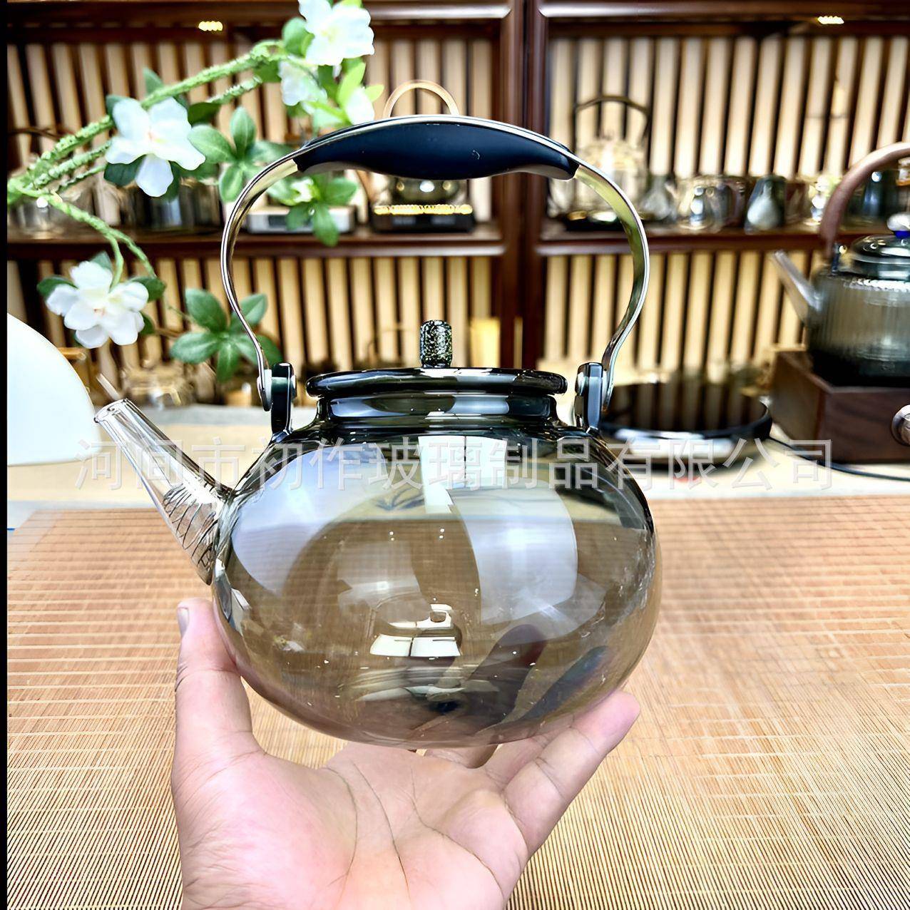 高硼茶硅玻璃提梁**水壶韵沸烟壶灰色半月壶蒸煮一体玻璃壶