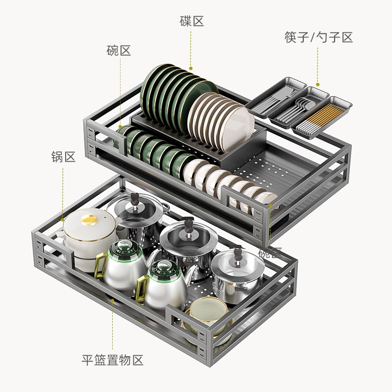 拉篮厨房橱柜304不锈钢双层抽屉式碗架收纳碟架橱柜碗篮