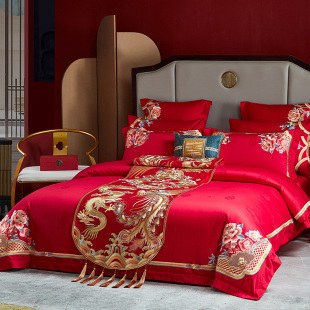 100支婚庆龙凤四件套大红色 结婚四件套红色床品全棉六件套