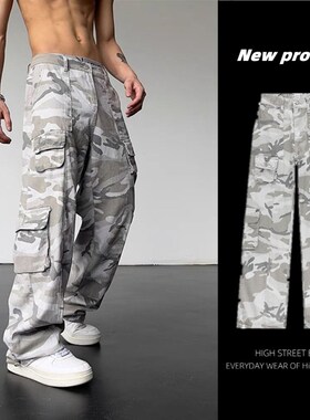 秋季新款灰色迷彩工装裤男女hiphop美式高街多口袋宽松直筒长裤
