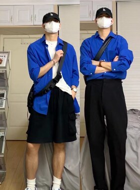 方人也屹 秋季衬衫男长袖20w21新款韩版潮流蓝色痞帅克莱因蓝衬衣