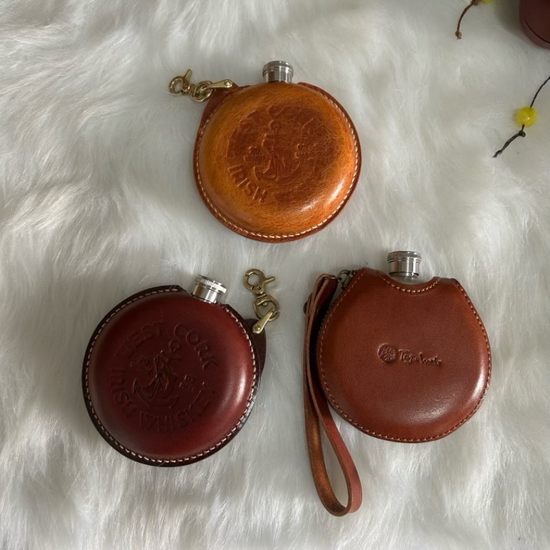 手工皮具不锈钢酒壶圆形扁酒瓶金属小漏斗户外随身迷你便携白酒壶