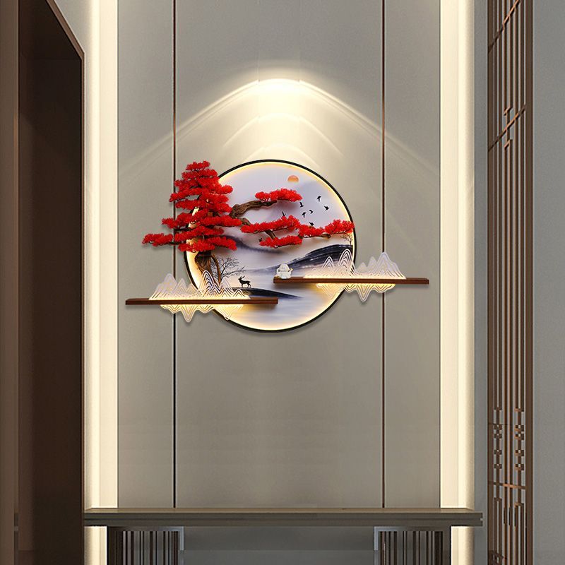 新中式墙面装饰挂件玄关客厅沙发背景墙挂画立体迎客松圆形壁画灯