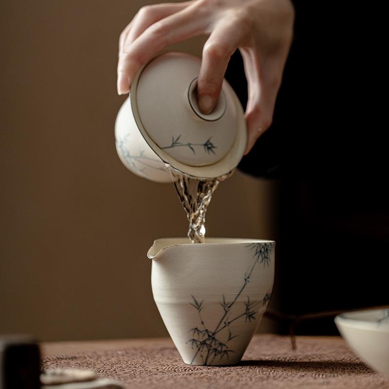 粉引白手绘竹公道杯瓷海分陶茶器功墨夫茶具KMA公杯匀杯茶倒茶器