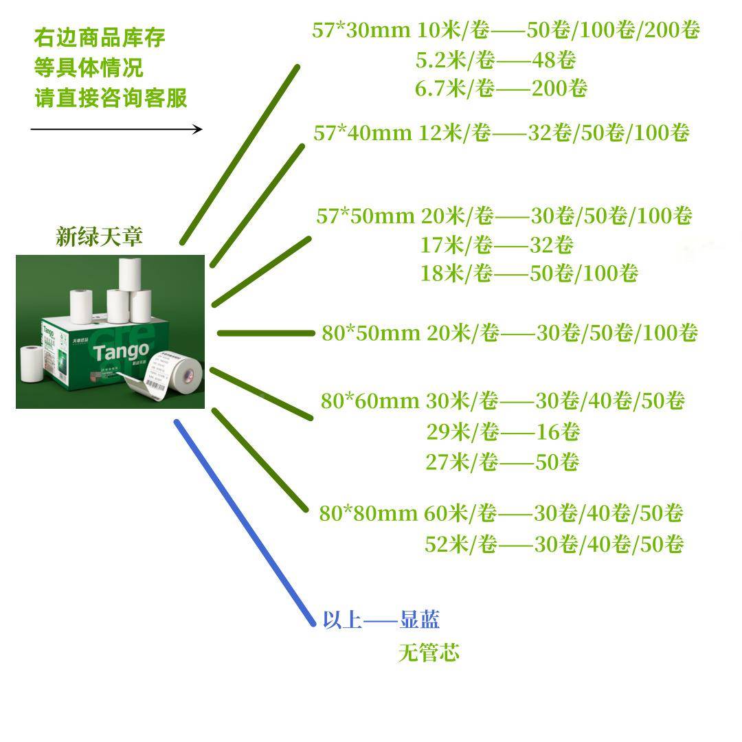 新天章(TANG纸O)绿57*50mm天章热敏系列57*50m0m2米*100卷/箱