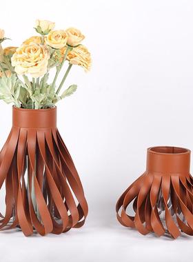 家轻皮带QOP舞动花瓶样板房居器高档皮质插花花装奢饰品酒店客厅