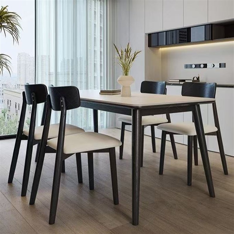 岩板餐桌黑色白蜡木客厅家用x小户型现代简约饭桌实木洞石桌椅组