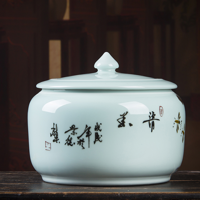 手绘陶瓷茶叶罐大号储存醒茶罐密封罐白茶普洱茶R饼罐5-8饼家用