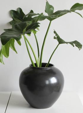 大肚圆罐黑色陶摆瓷花瓶插花花KIB器水花板器样培间件现代简约花