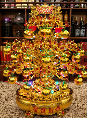 新款聚宝盆摇钱树带音乐旋转v元宝摆件LED发财树乔迁开业春节礼品