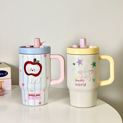 可爱办公室吸管保温杯带把手陶瓷内胆女生高颜值水杯子桌面大容量