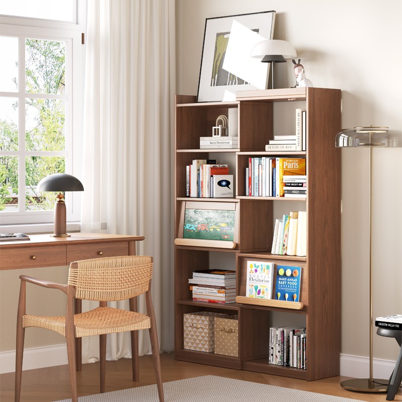 实木书柜可伸缩书架小户型展示柜落地家用收纳置物储物柜简约立柜