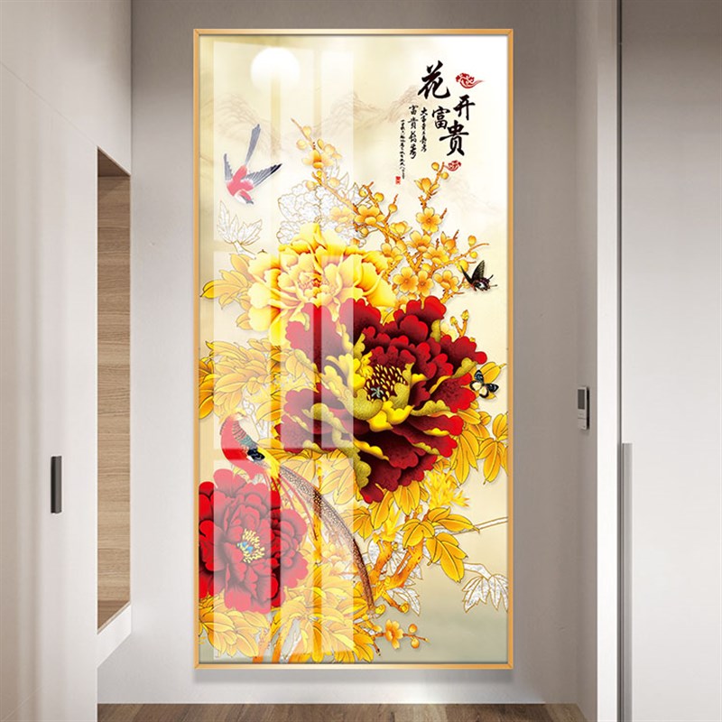 现代中式花开富贵装饰画金黄红色牡丹喜庆晶瓷画入户玄关长幅挂画图片