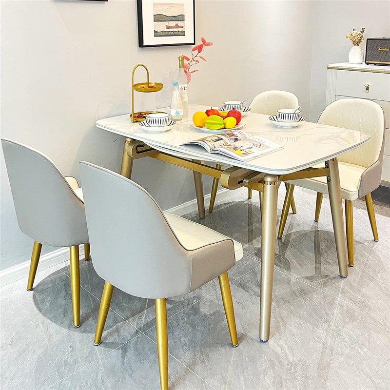 北欧岩板餐桌椅组k合可伸缩小户型家用折叠圆形餐桌轻奢现代简约