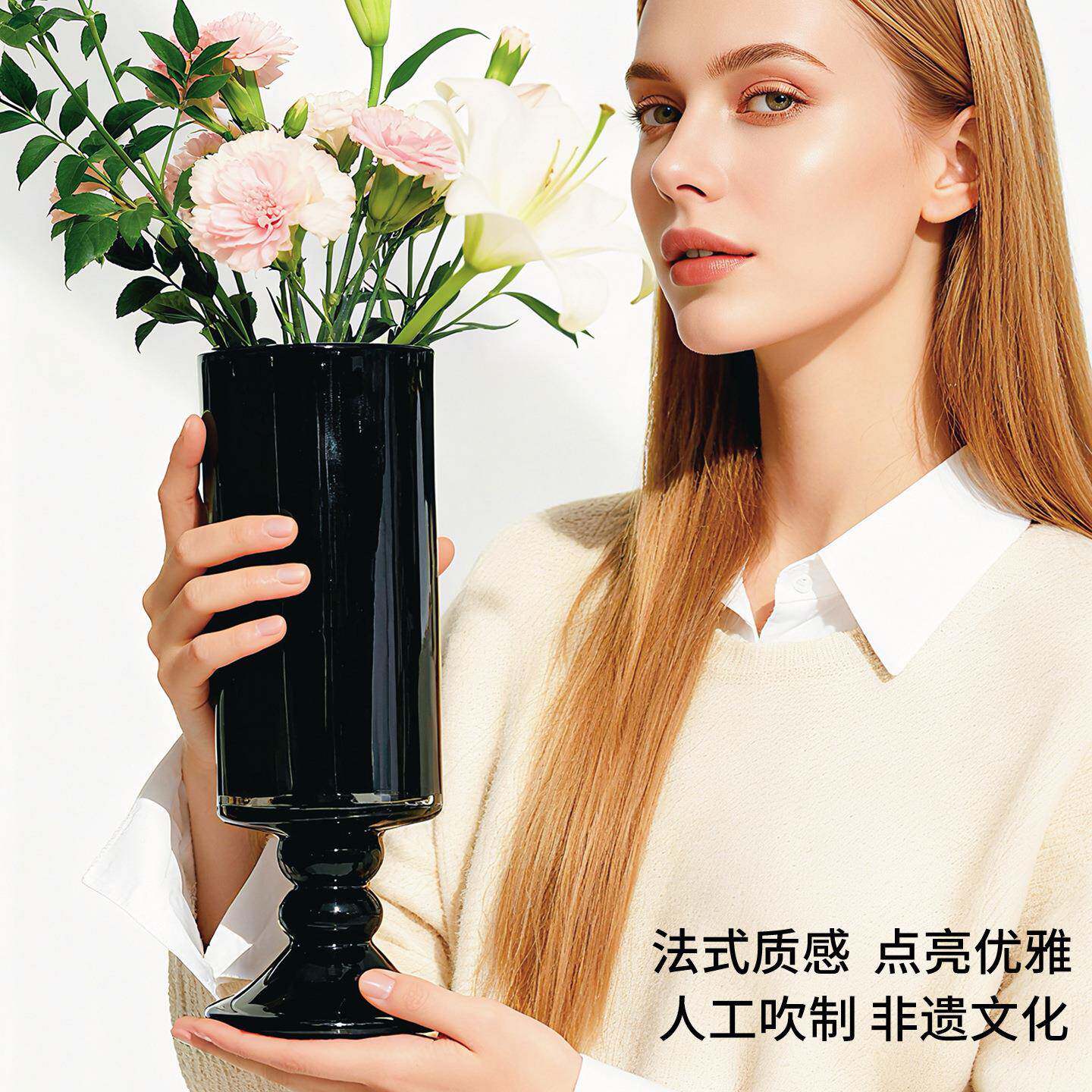 重工法式黑瓷风灯古高级纯黑瓷花色器高脚中风复古花瓶纯手工插摆