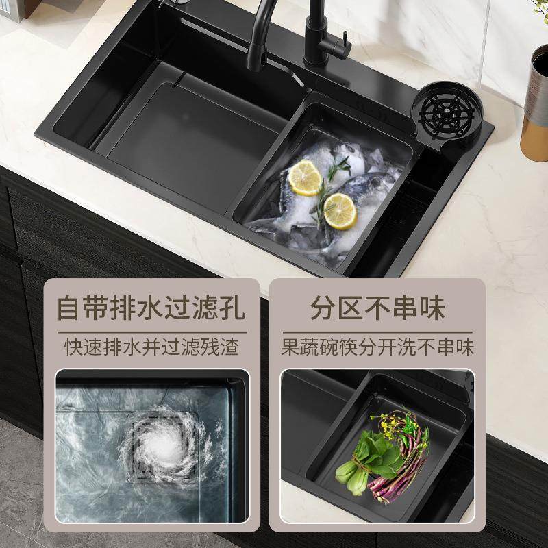 厨房色304不锈钢水槽侧下黑大单槽加深加厚洗水槽洗菜槽蓄水黑色