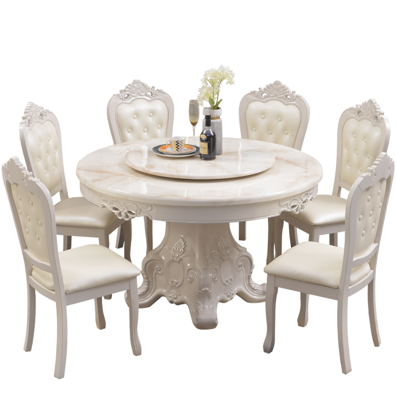 餐厅欧式餐e桌椅组合大理石实木圆桌带转盘10人饭桌圆形家用小户