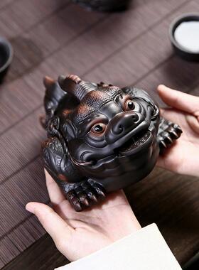 招财三足盘金蟾紫陶茶宠QGI摆茶件精品养手工茶玩可茶桌茶装饰具