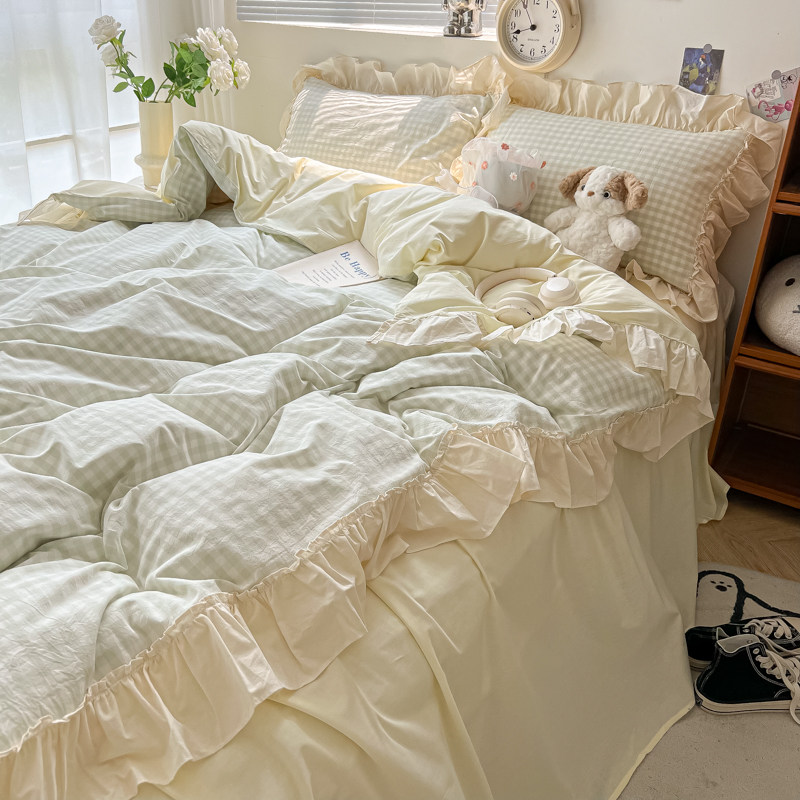 韩式荷叶花边水j洗棉床上四件套少女心床单被套学生宿舍三件套床
