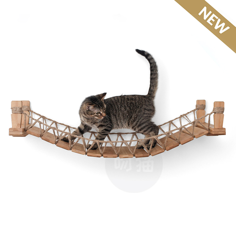 猫吊桥绳梯麻绳软梯木桥实木猫墙爬架宠物家具猫大桥挂壁式猫爬架