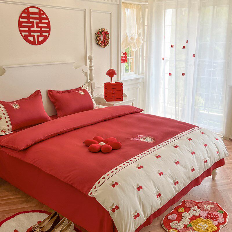乐优公主100支长绒棉结婚四件套陪嫁大红色婚庆婚嫁被套床上用品