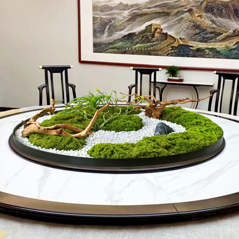 酒店餐桌中间转盘枯景摆件新中式真花造景装饰大圆桌花艺沙盘