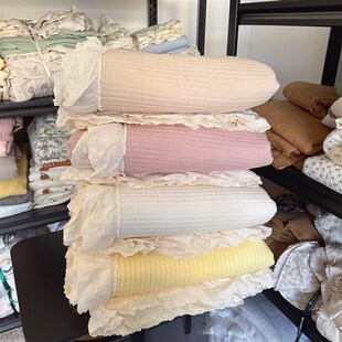 新款韩式纯色全棉皱皱纱A类母婴级绗缝蕾丝花边床盖双人尺寸盖毯