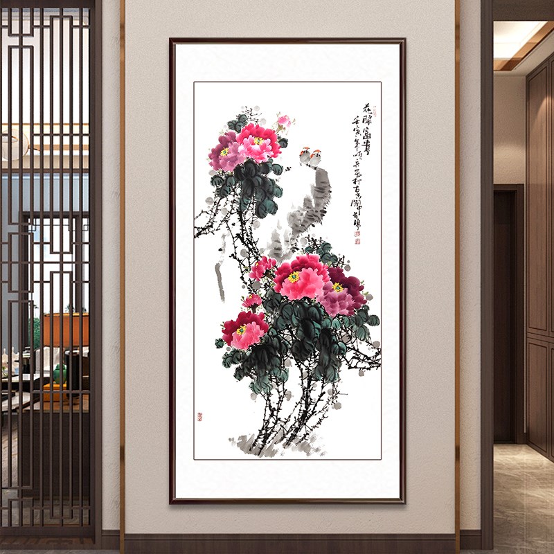 纯手绘国画牡丹挂画竖版花开富贵客厅装饰画新中式玄关装饰画字画图片