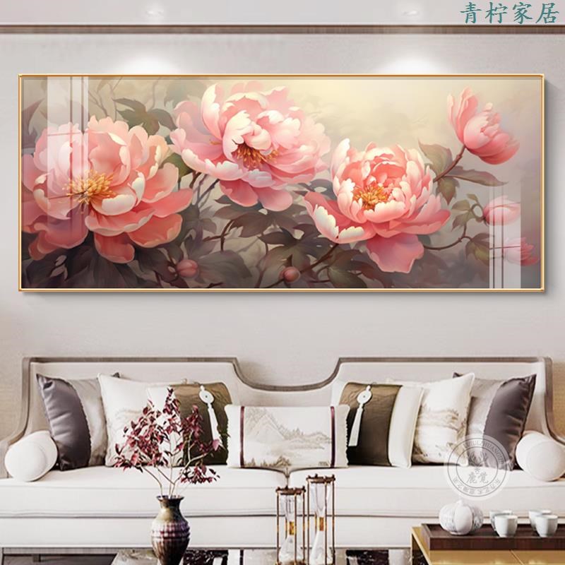 花开富贵客厅挂画新中式牡丹花装饰画大气晶瓷沙发背景墙壁画图片