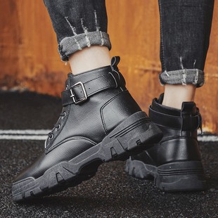 冬季加绒马丁靴高帮英伦风工装靴子保暖皮靴加厚黑色防水皮鞋男鞋