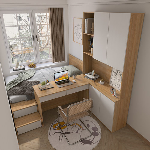 小卧室榻榻米床带书桌一体书柜组合多功能抽屉脚踏箱体床现代简约