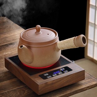 老岩泥煮茶陶壶胡桃木电陶炉烧水煮茶壶宽口带R盖侧把大容量罐罐