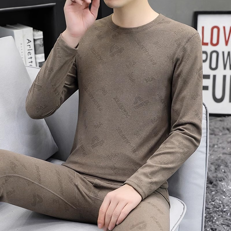 双面德绒保暖内衣套装男士磨毛打底衫秋冬季时尚雕花防寒秋衣秋裤