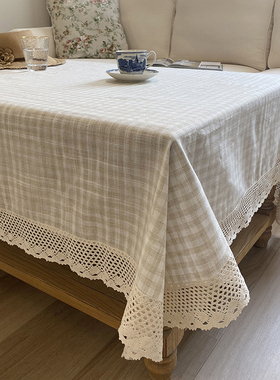 田园十字亚麻格子透气桌布棉线钩花边茶I几布斗柜洗衣机防尘巾薄