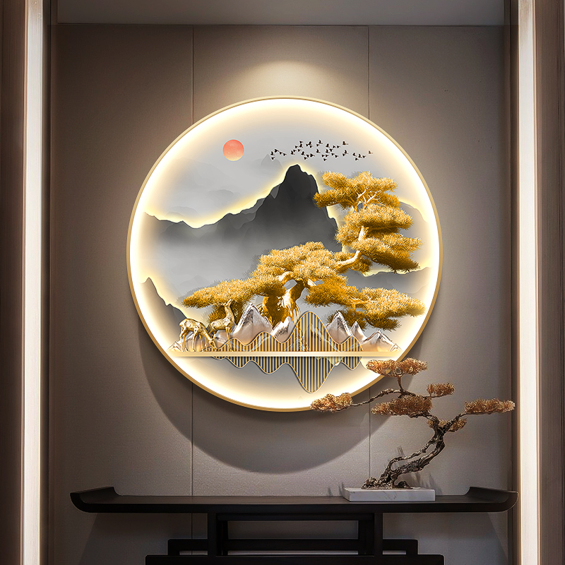 新中式玄关装饰画迎客松树走廊过道挂画背有靠山圆形茶室带灯壁画图片